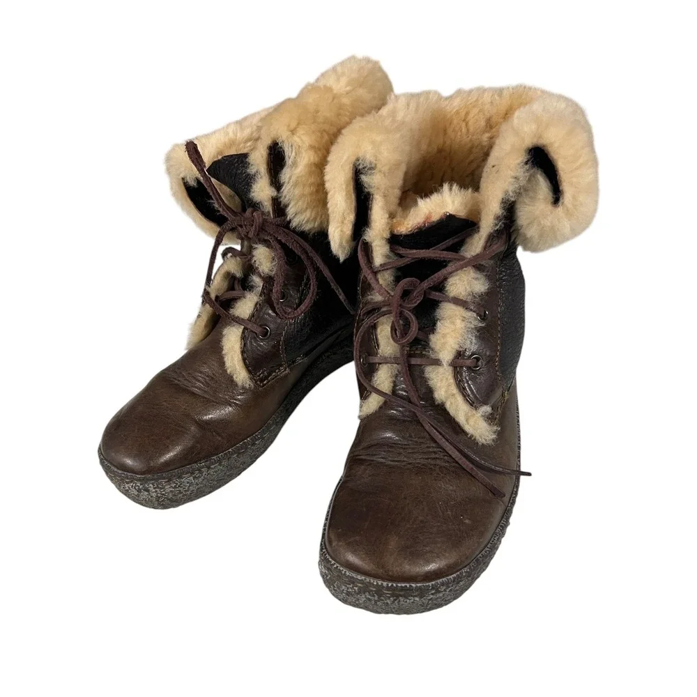 Born Brown Leather Shearling Cuff Lace Up Boots Women's Size 9